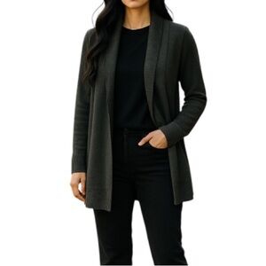 JOAN VASS Knit Draped Open Cardigan Sweater Dark Gray Shawl Collar Coastal S